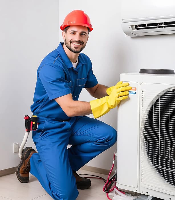 Home Ac Experts technician repairing split AC in Sharjah